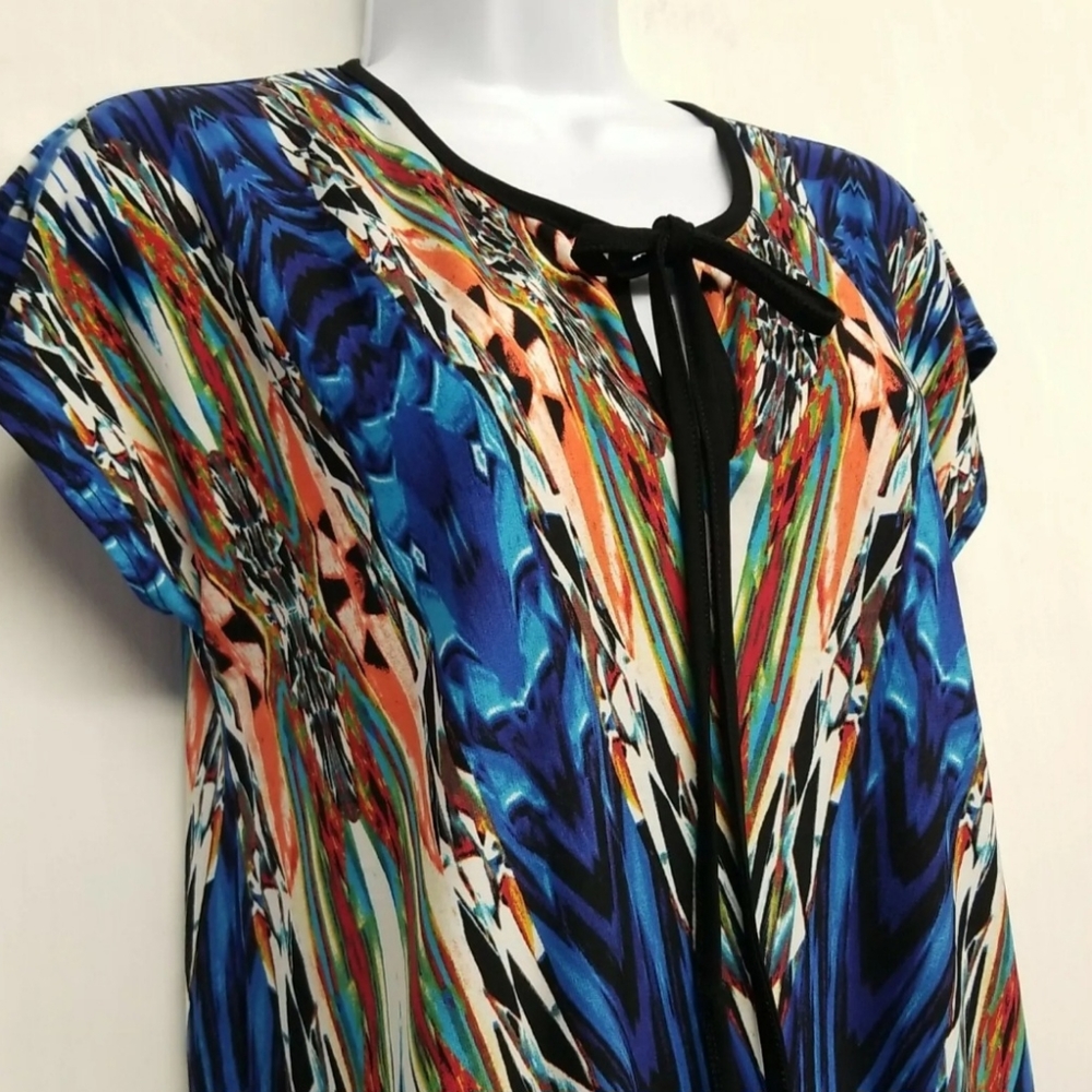 Ava James Women's Cap Sleeve Top Scoop Neck w/ Keyhole/Ties Sz. M Wide Striped